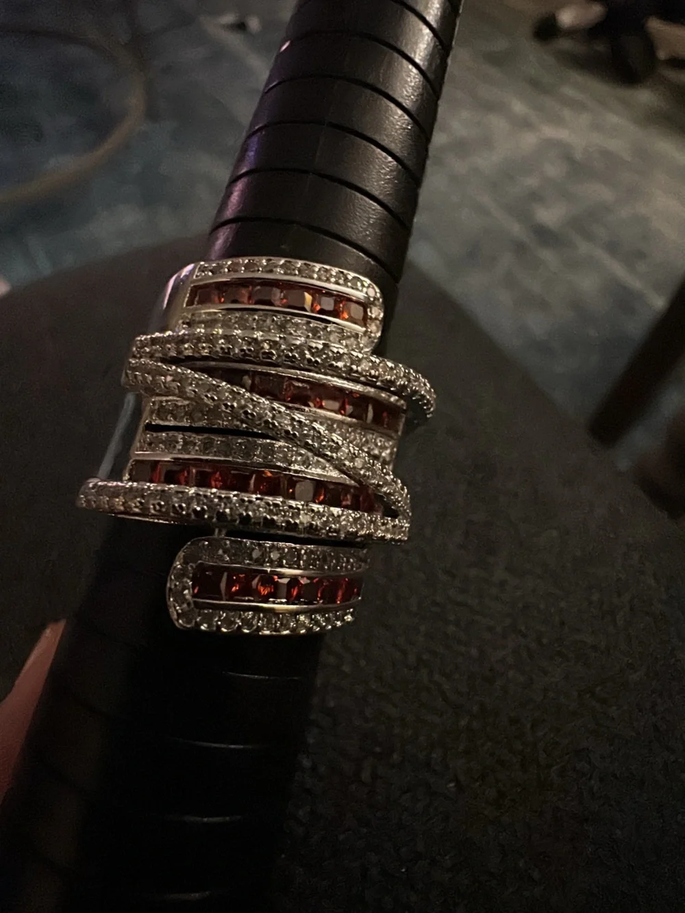 Silver-tone Ring Garnet Red Crystal Accents with thick comfort band.
